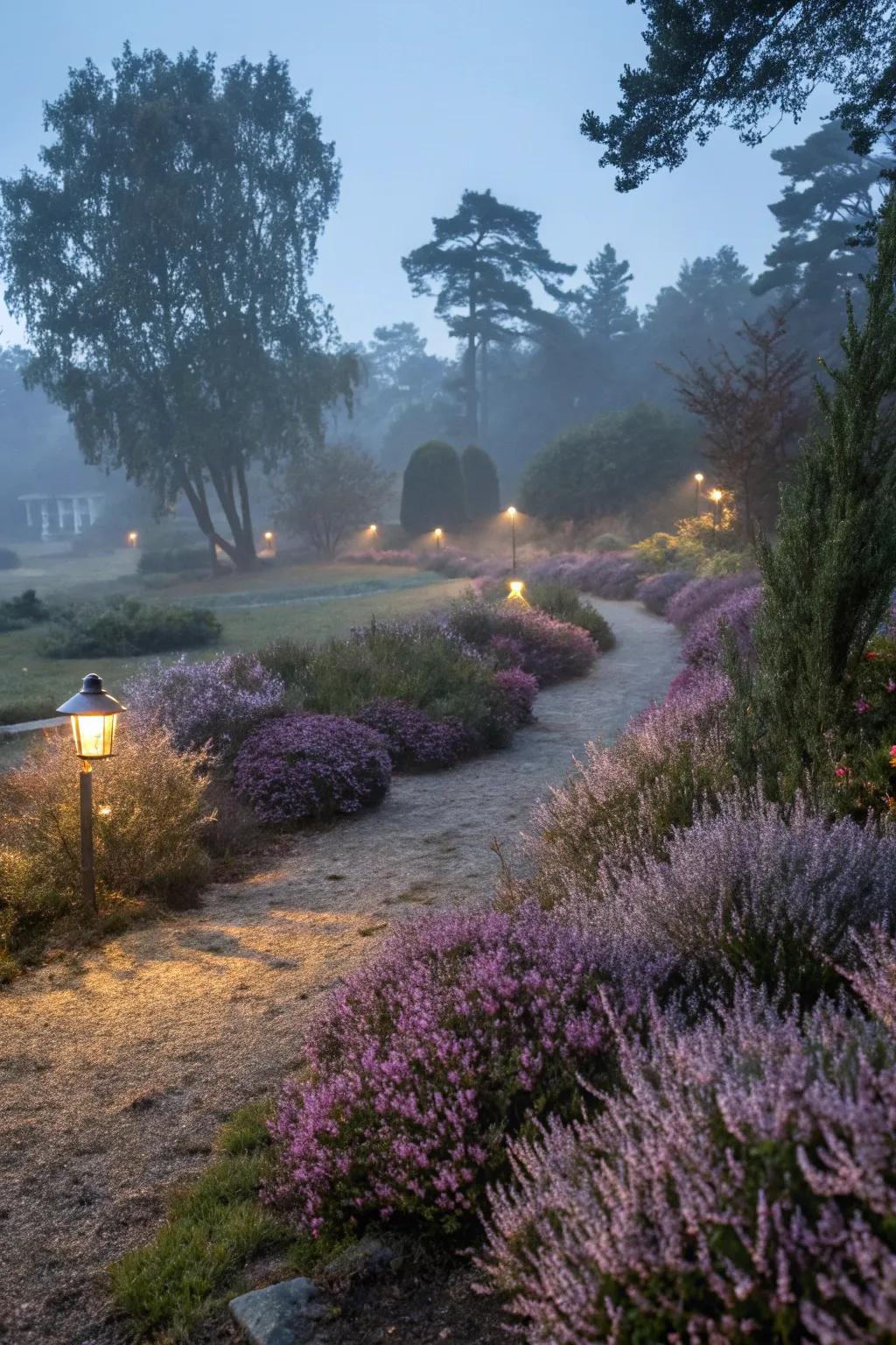 Subtle lighting highlights the beauty of heathers at night.