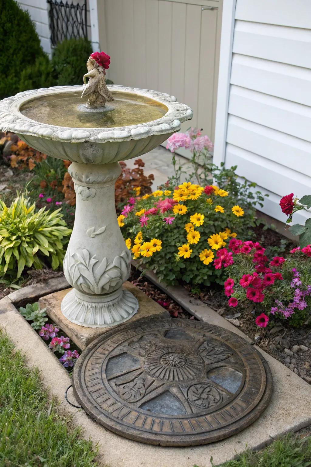 A birdbath offers a decorative and functional way to disguise septic tank covers.