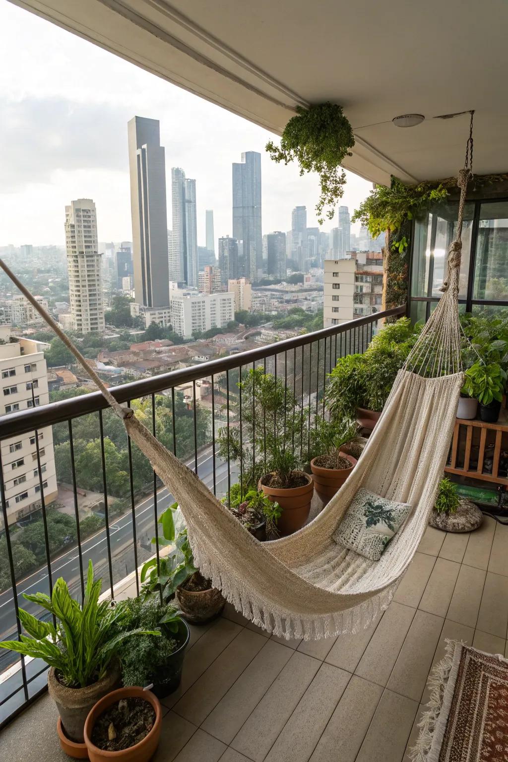 A hammock adds a relaxing, casual vibe to this high-rise balcony.