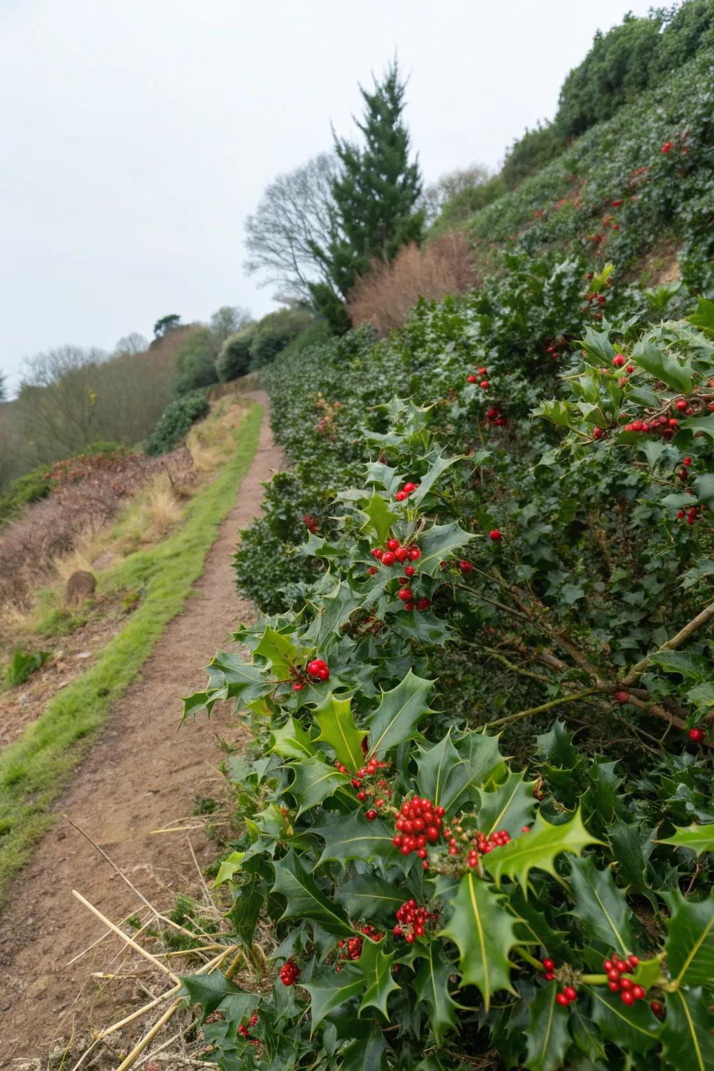 Holly bushes stabilizing a sloped area.