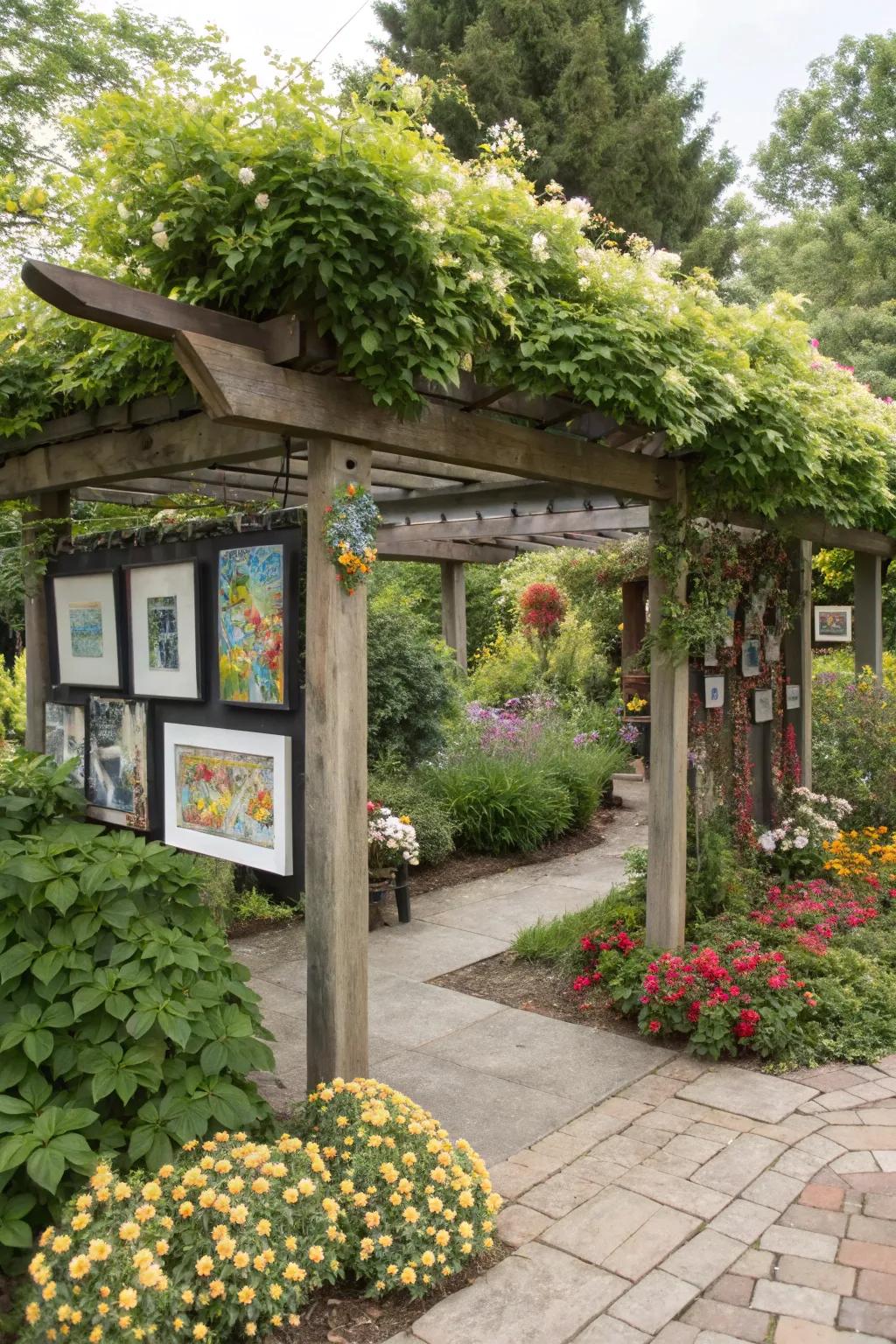 A pergola adorned with honeysuckle and outdoor art, offering a creative garden space.