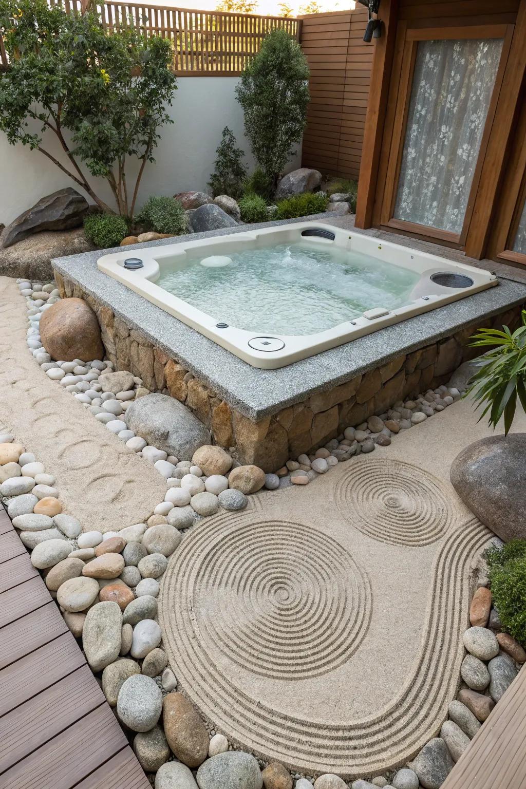 A zen garden creates a meditative space around this hot tub.