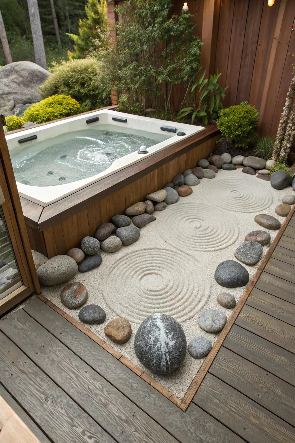Zen garden elements create a calming and meditative atmosphere.