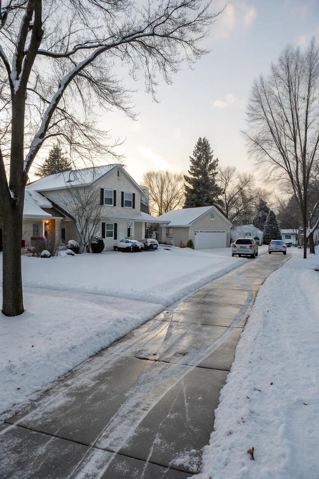 A heated driveway providing a clear path in snowy conditions.