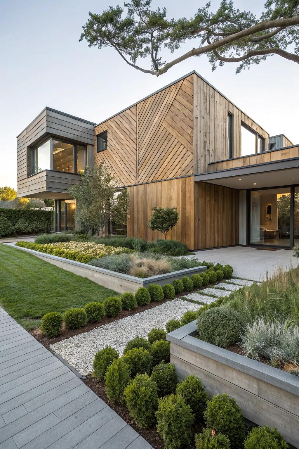 A modern house featuring wood siding in striking geometric patterns.