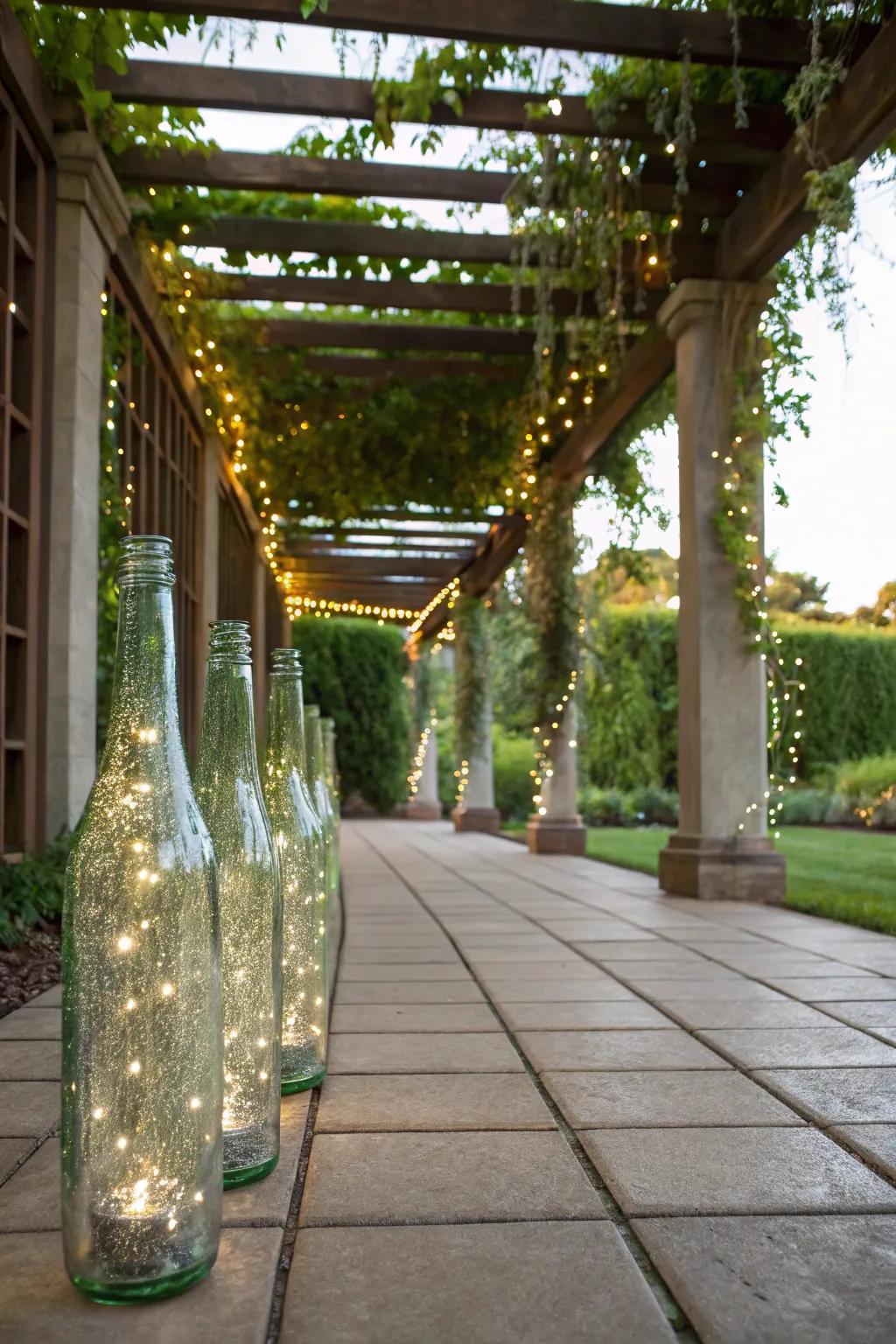 Recycled glass decor adds unique charm.