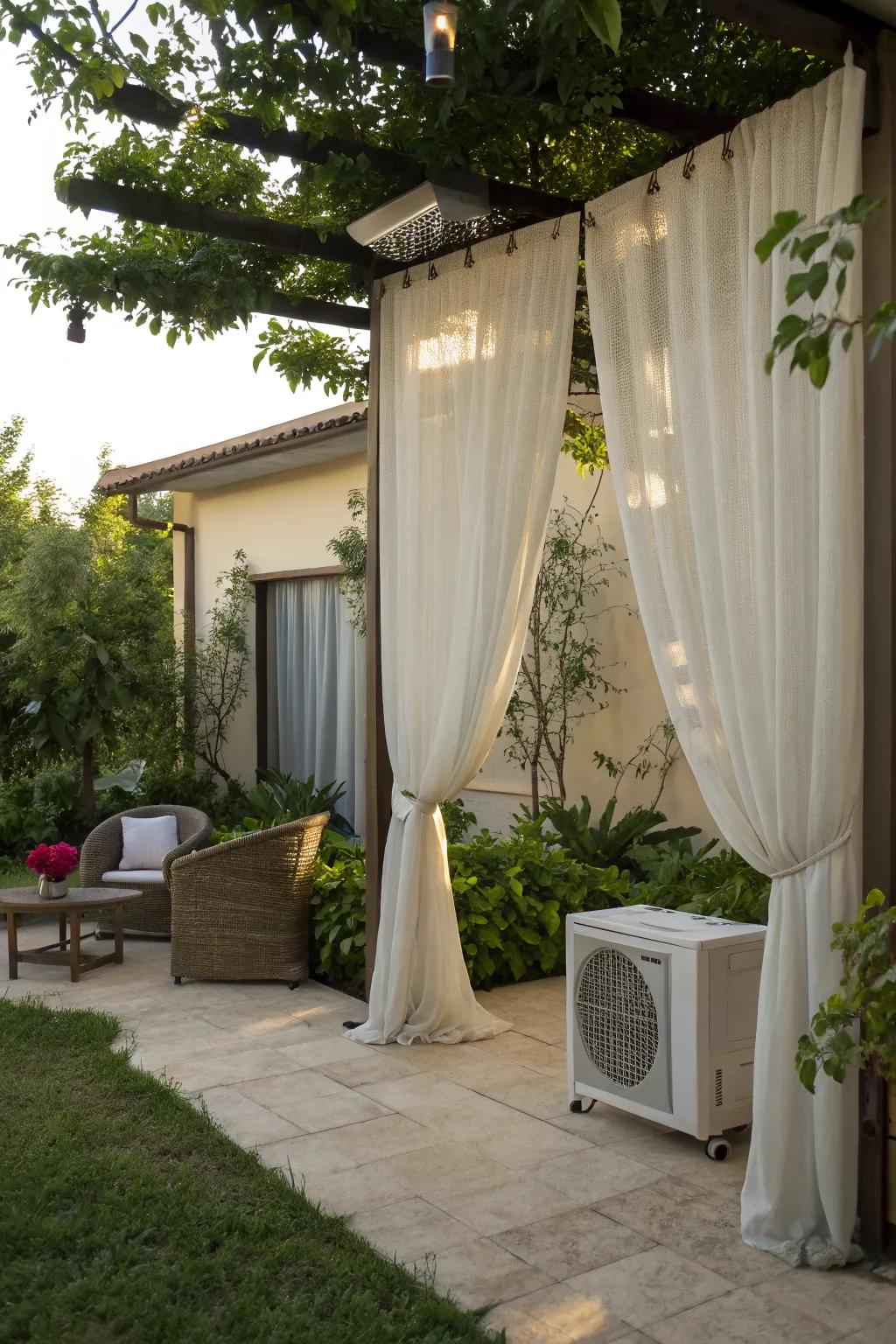 Outdoor curtains offer a soft and flexible approach to hiding AC units.