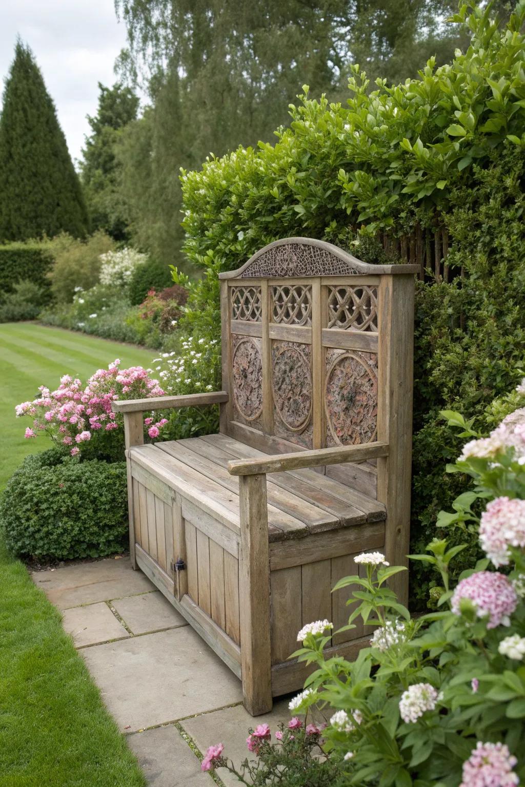 A garden bench offers seating and conceals the gas meter.