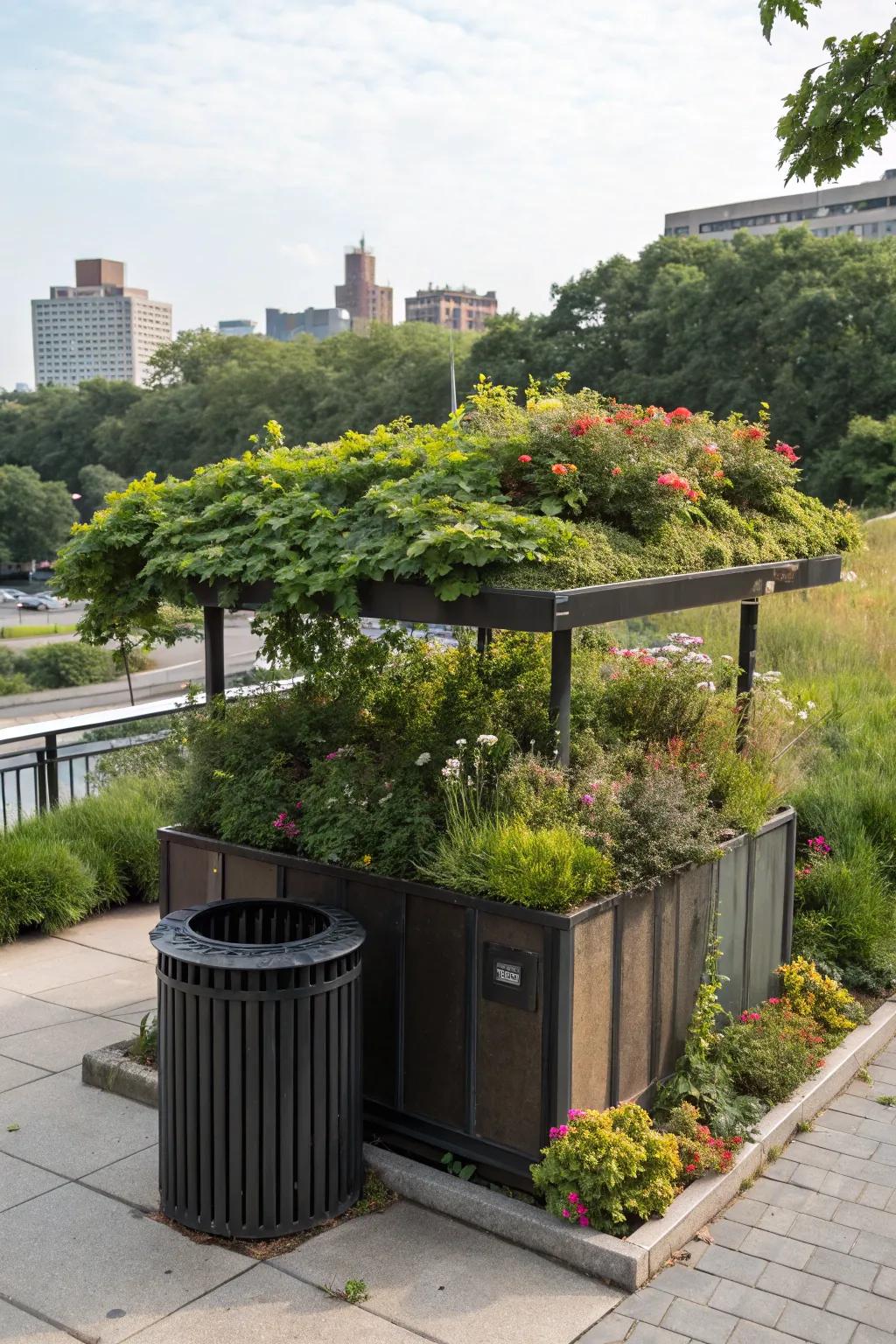 Roof gardens offer a surprising and green solution for hiding trash cans.