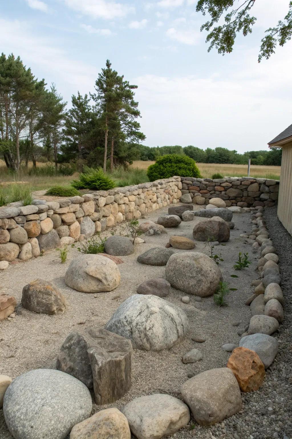A low stone wall provides enclosure and privacy in the garden.