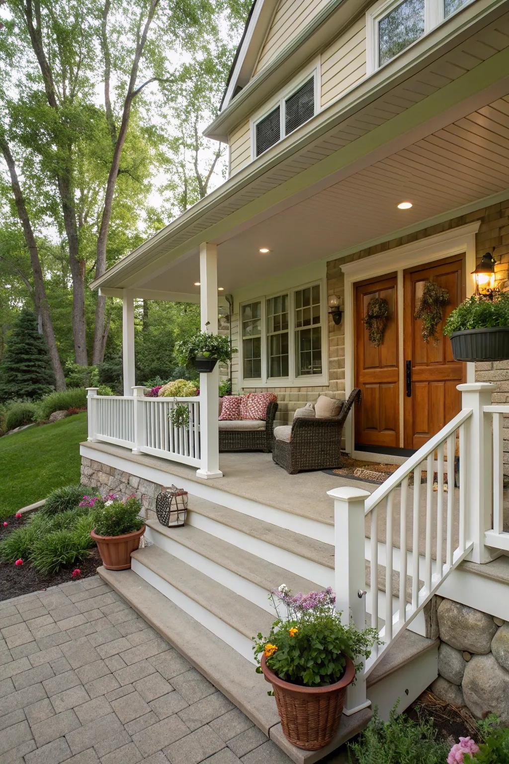 A cozy porch creates a welcoming entrance to this split-level home.