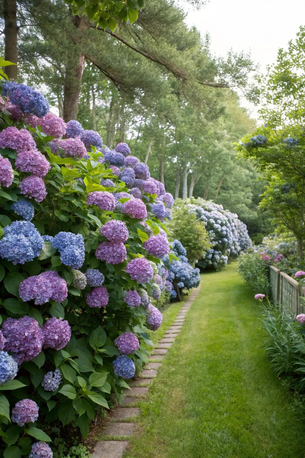 Tall hydrangeas serve as a beautiful and effective privacy screen.