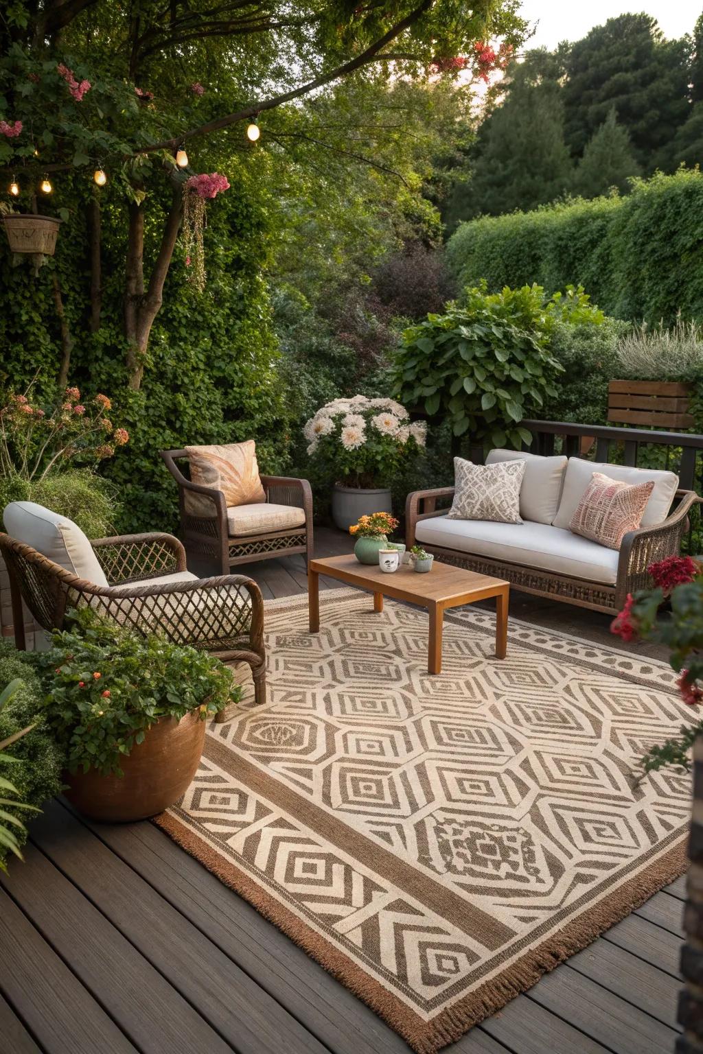 A cozy garden deck enhanced by the texture of an outdoor rug.