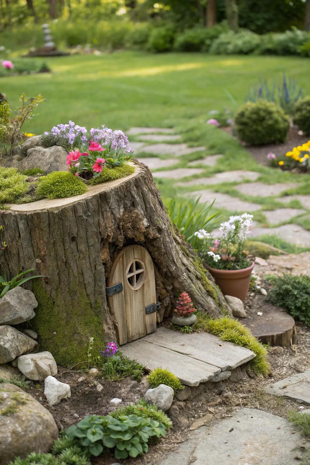 A tree stump ingeniously transformed into hidden storage.