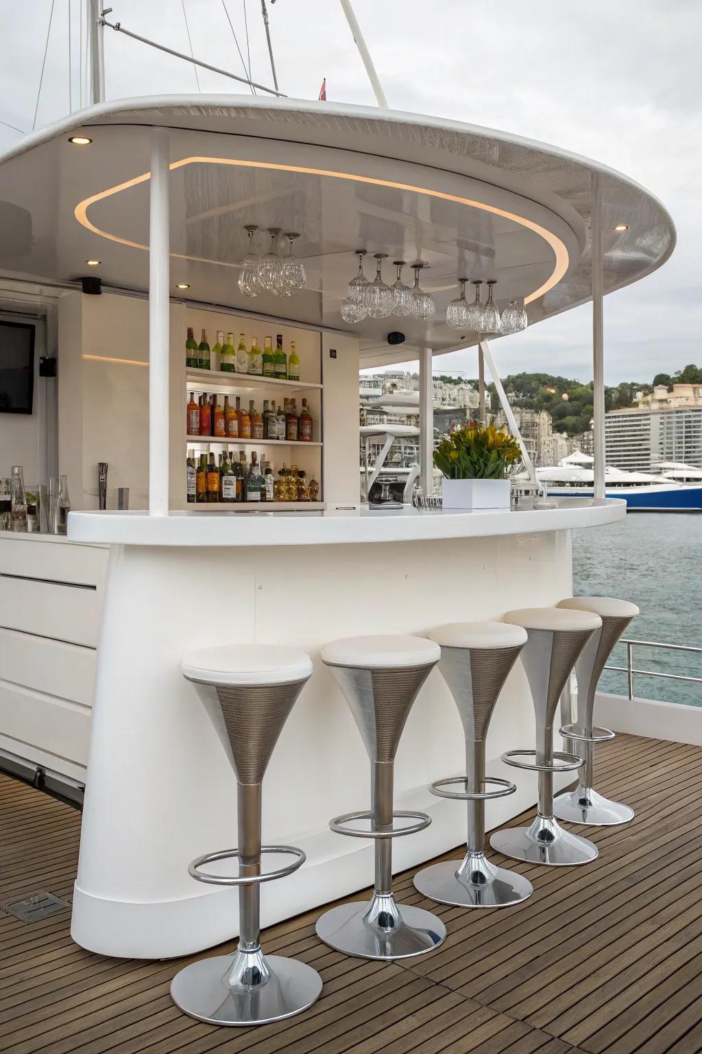 A floating bar maximizes space with modern flair.