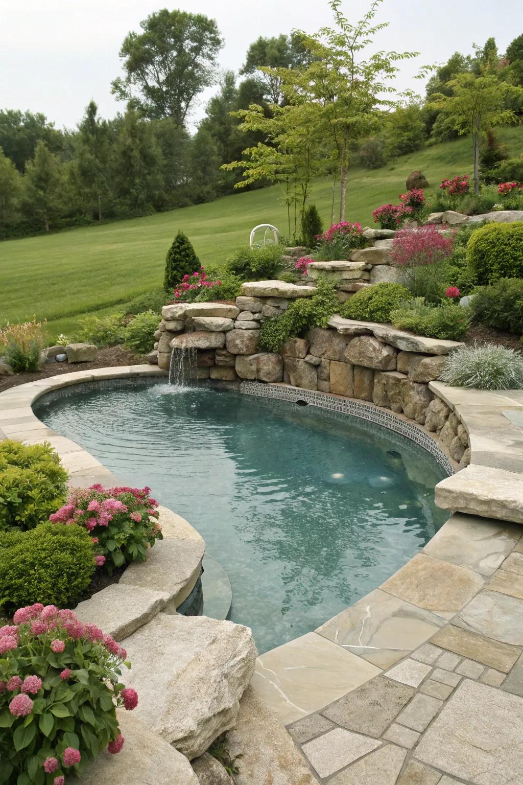 Tiered rock gardens add dimension and beauty to pool landscapes.