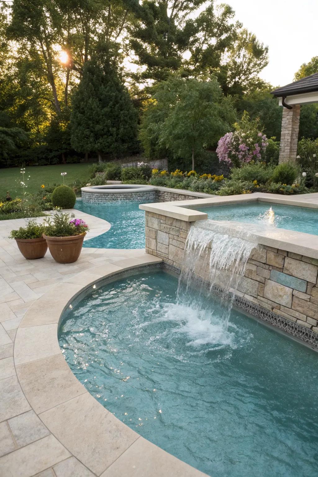 A spillover spa offers luxurious relaxation alongside your pool.