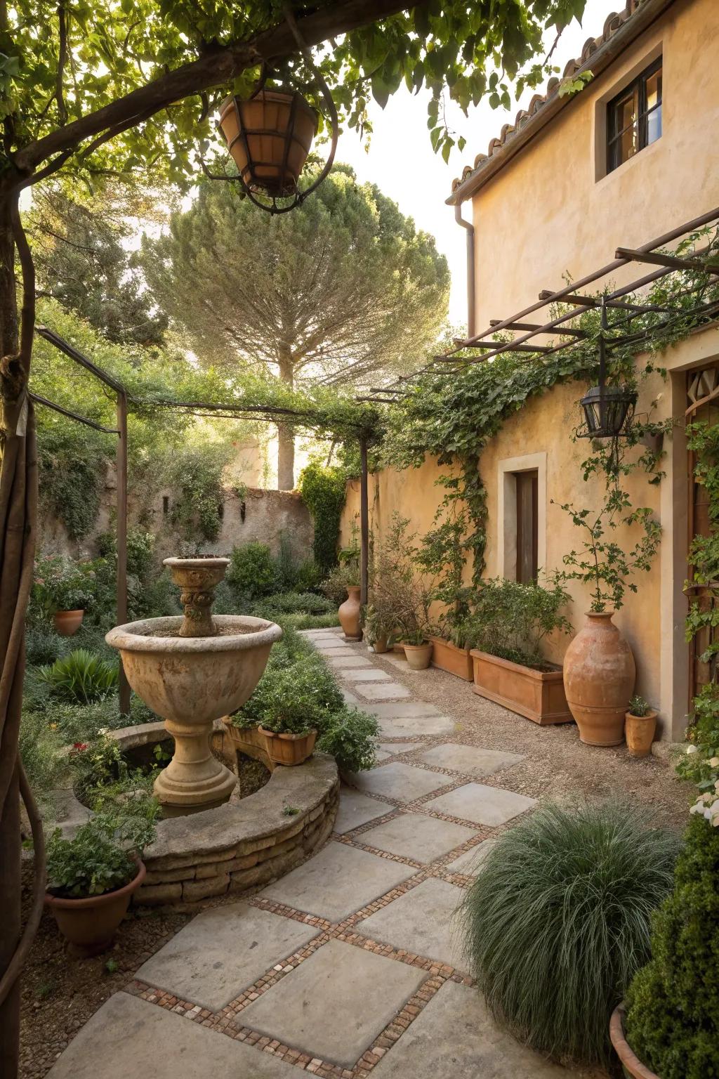 Earthy colors create a warm and inviting garden atmosphere.