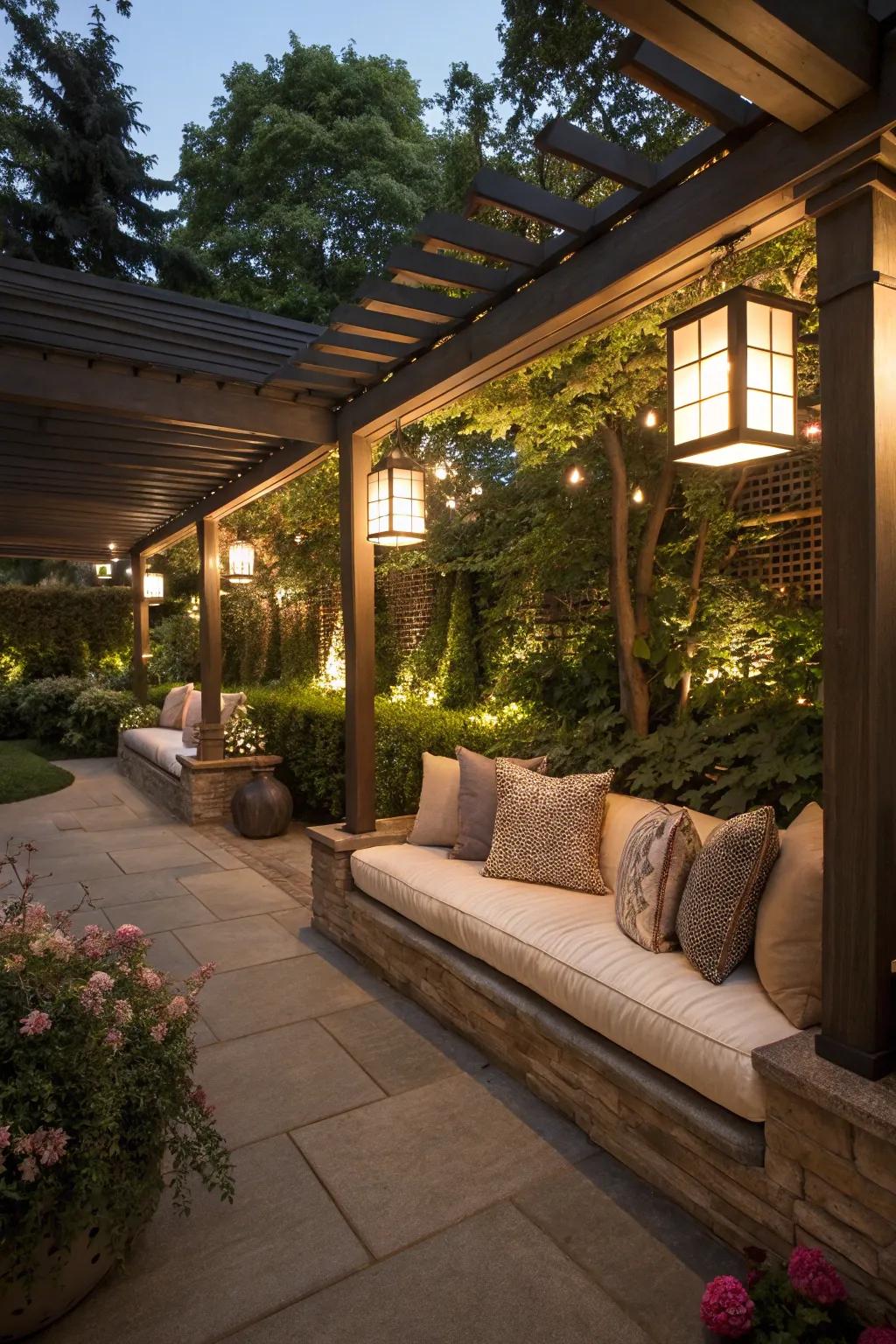 Cozy seating nooks invite relaxation under this pergola.