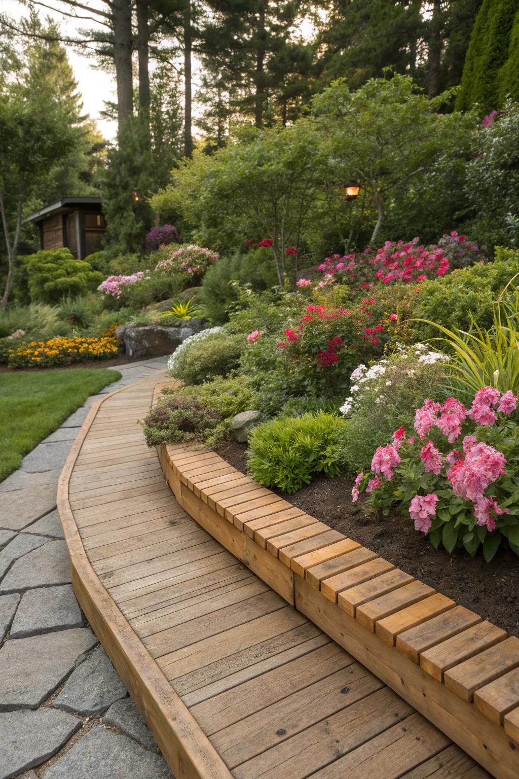 Cedar planks offer a warm, inviting touch to garden edges.