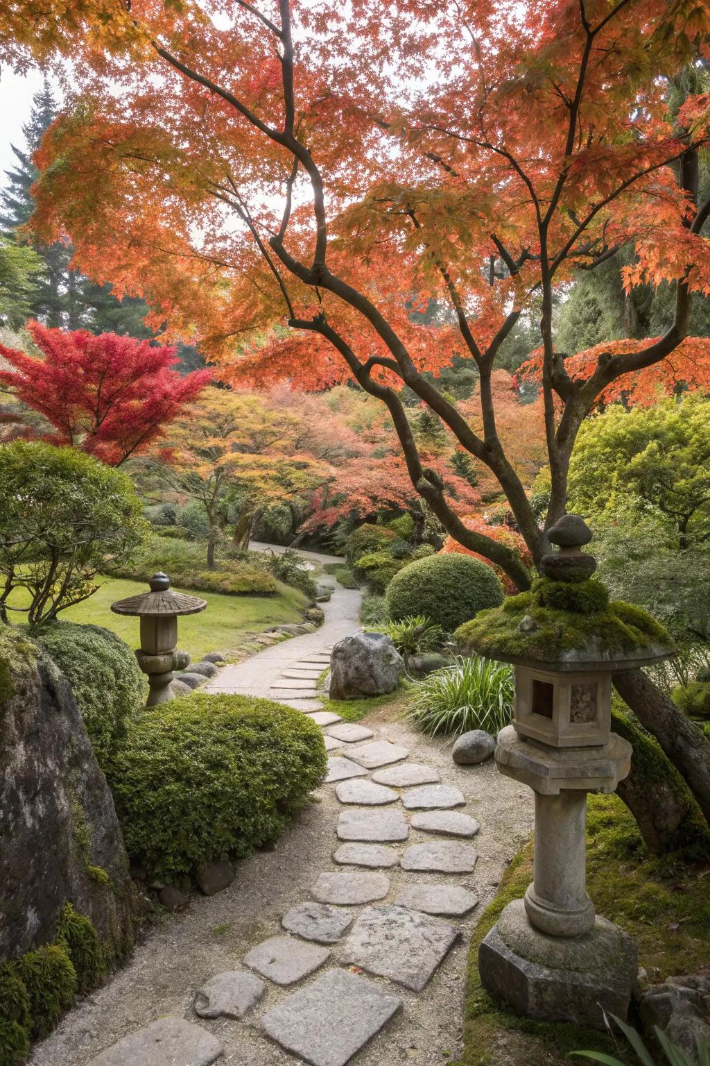 Create a serene arboretum with diverse Japanese maples.