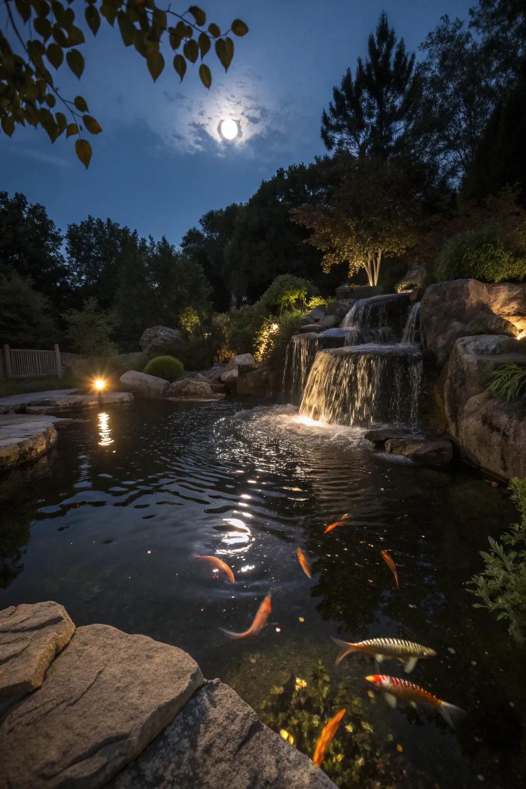 Underwater lighting transforms your koi pond into a night-time wonder.
