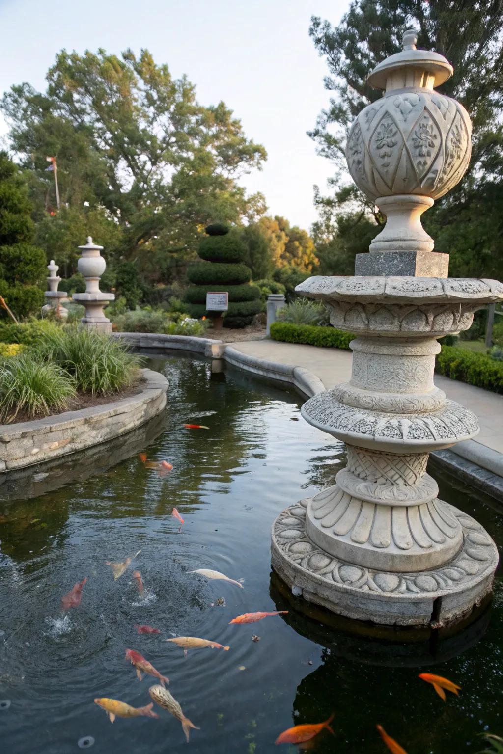 Elegant stone sculptures contributing to the timeless feel of a koi pond.
