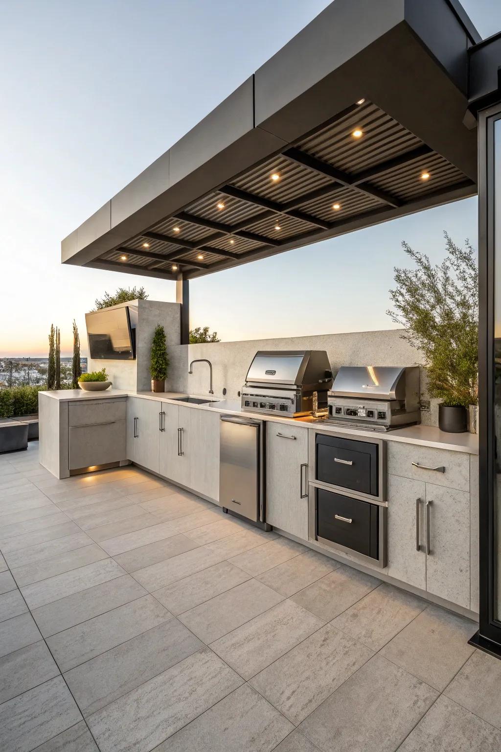 Modular units simplifying setup and customization in an outdoor kitchen.