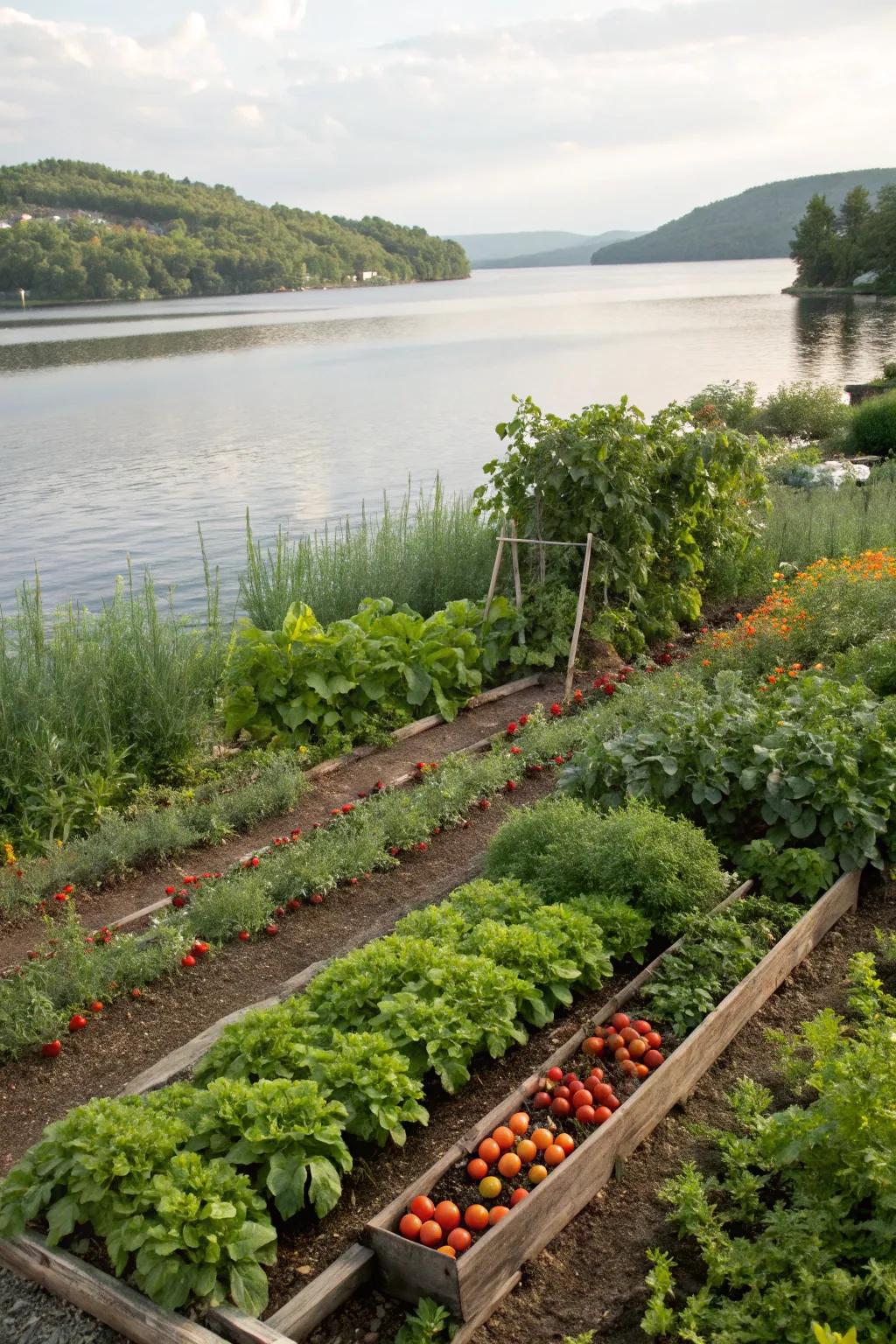 An edible garden providing fresh produce by the lake.