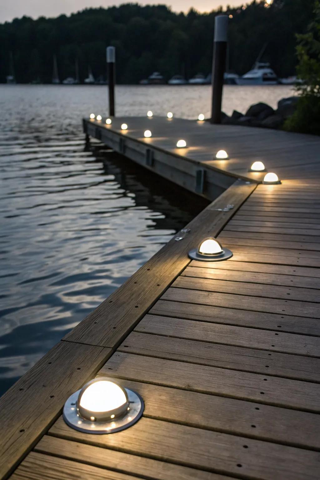 Flush mount lights offer unobtrusive safety and style on this dock.