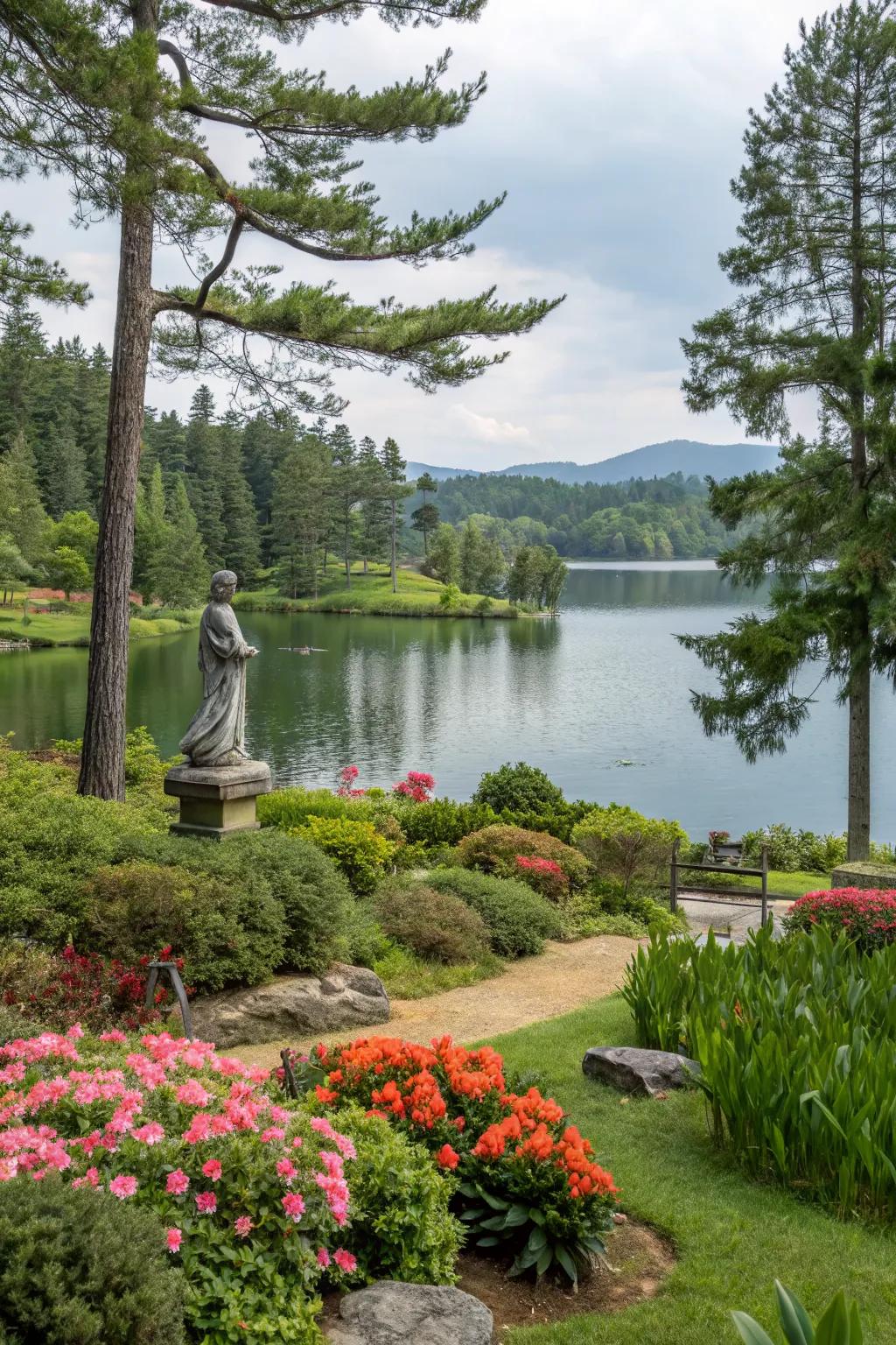 Art and sculptures add personality to your lake house landscape.