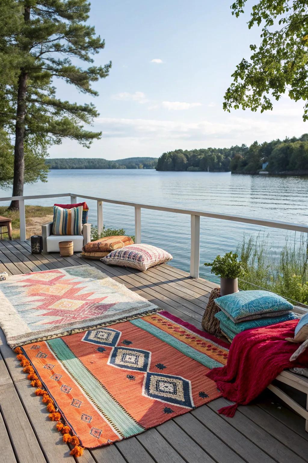 Unique textiles add vibrancy and style to a lakefront deck.