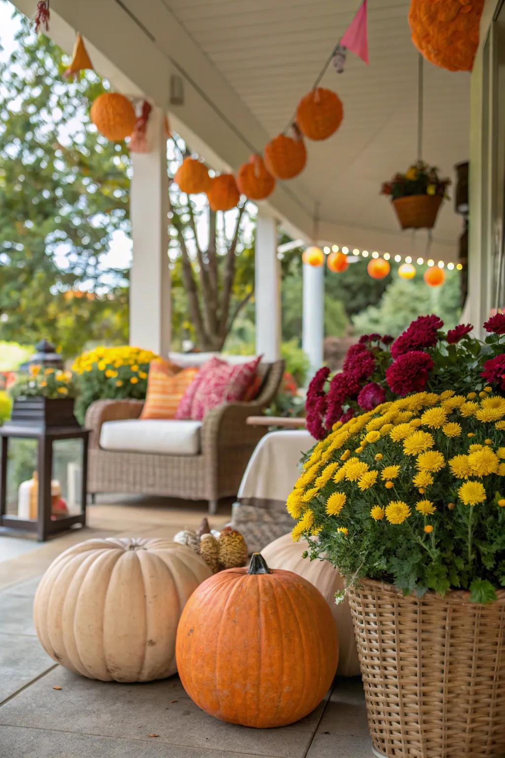 A lanai with seasonal decor, creating a festive and inviting atmosphere.