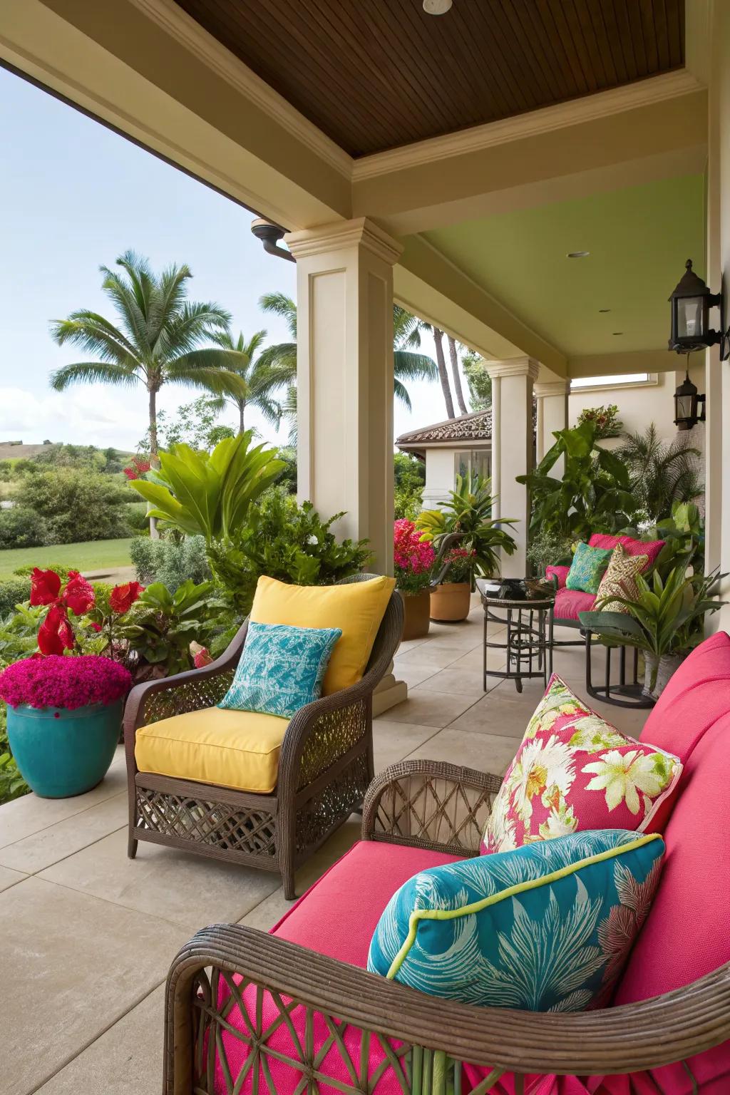 Bold color accents bring vibrancy to this lanai patio.