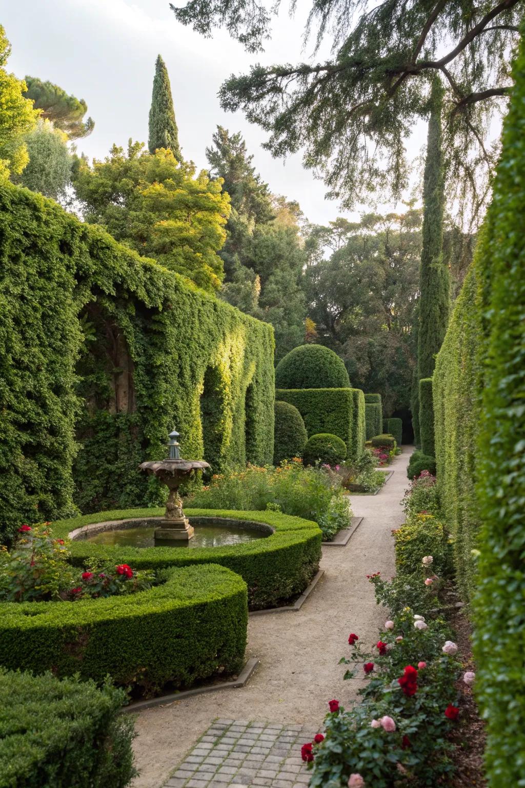 Green walls offering privacy and lushness to the garden.
