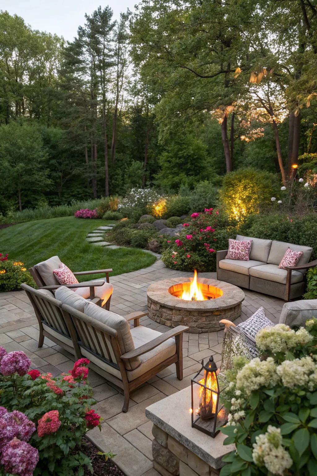 A fire pit area offers warmth and a communal gathering place.