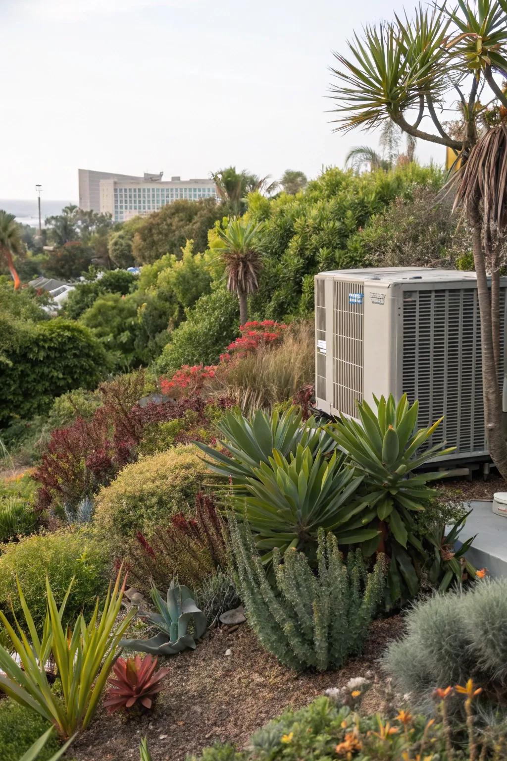 Varied plantings adding depth and interest, cleverly concealing an AC unit.