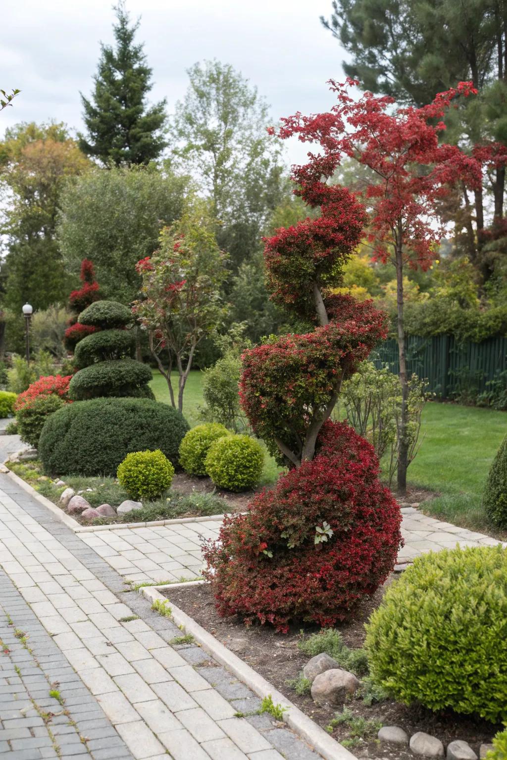 Artistic garden design with shaped barberry bushes.