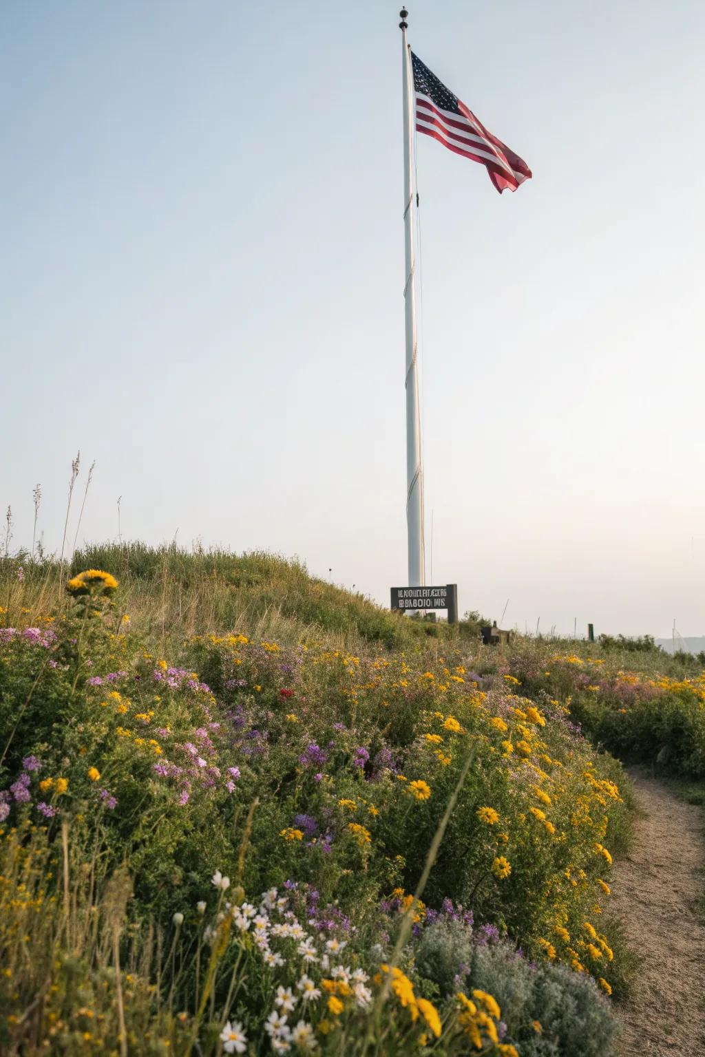 Wildflowers bring a touch of natural beauty to the flagpole.