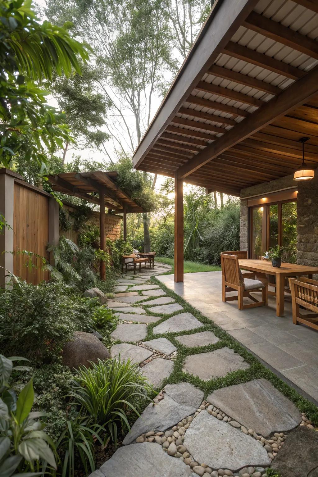Natural materials create a harmonious patio landscape.