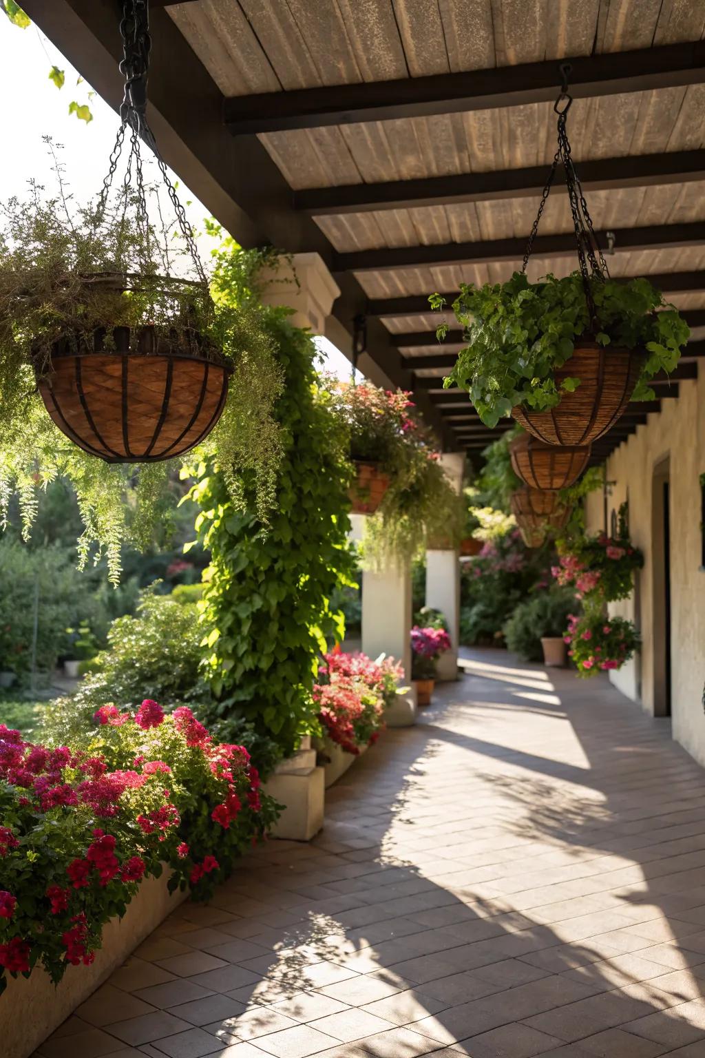 Hanging baskets add layers and interest to shaded garden patios.