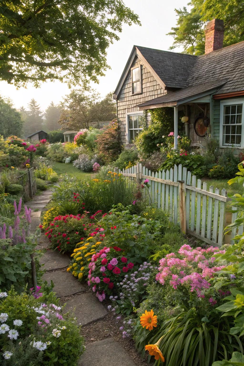 A cottage garden style brings warmth and charm to this inviting front yard.