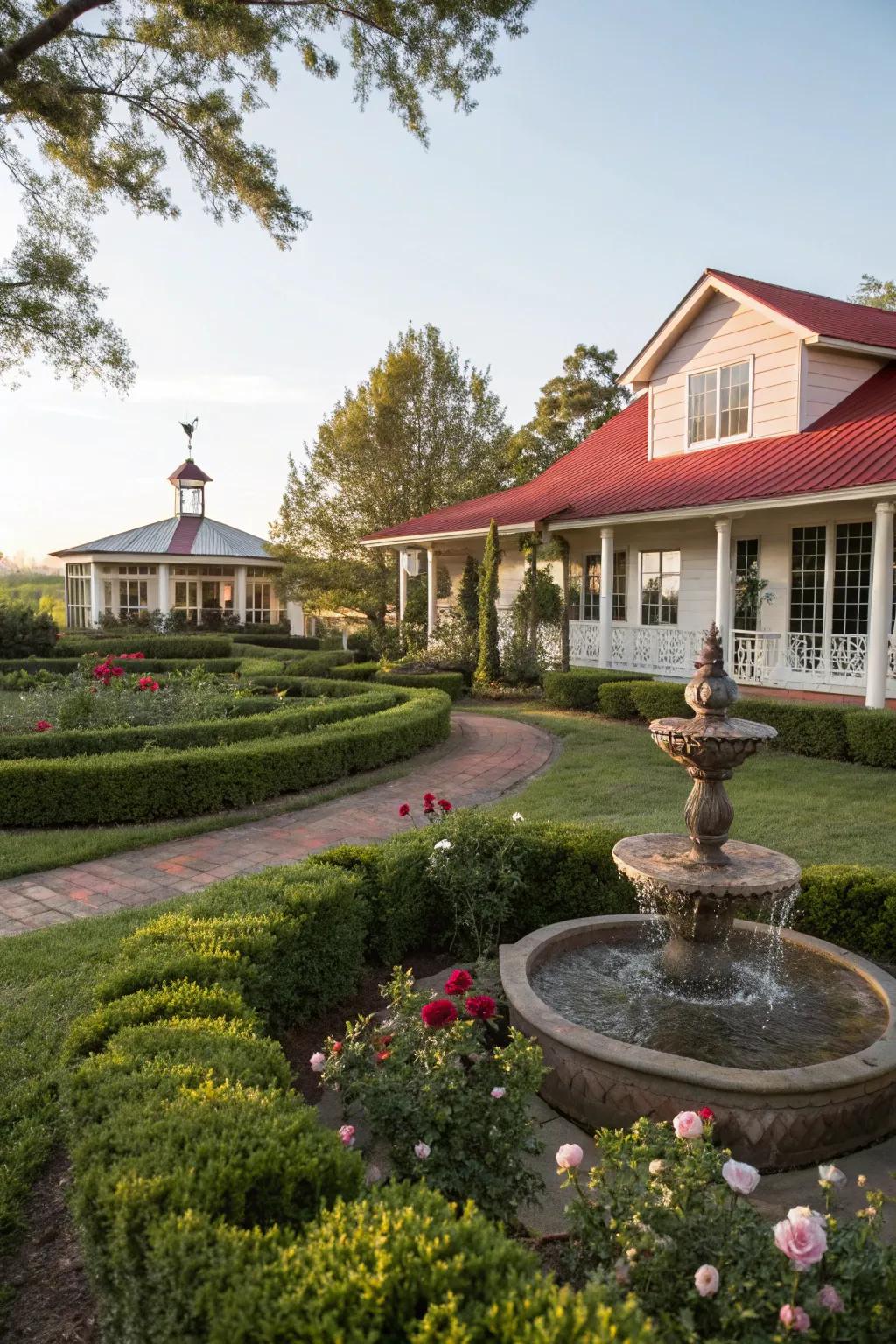 A peaceful water feature enhancing the tranquility of a ranch-style home's garden.