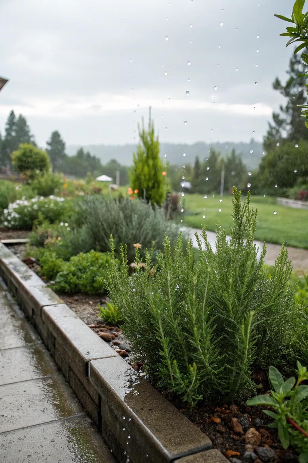 A rain garden featuring rosemary bushes for water management.