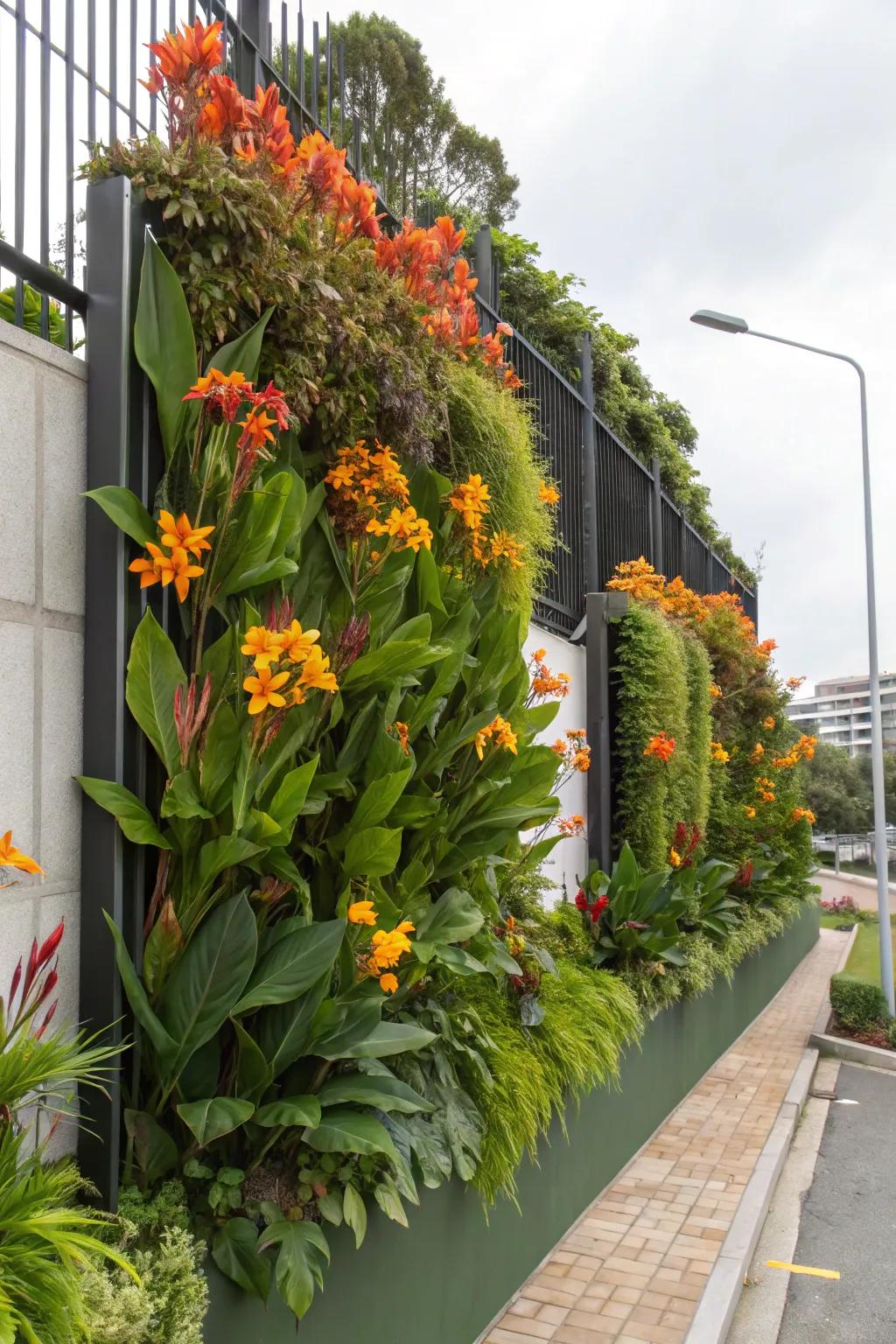Canna lilies enhancing a vertical garden