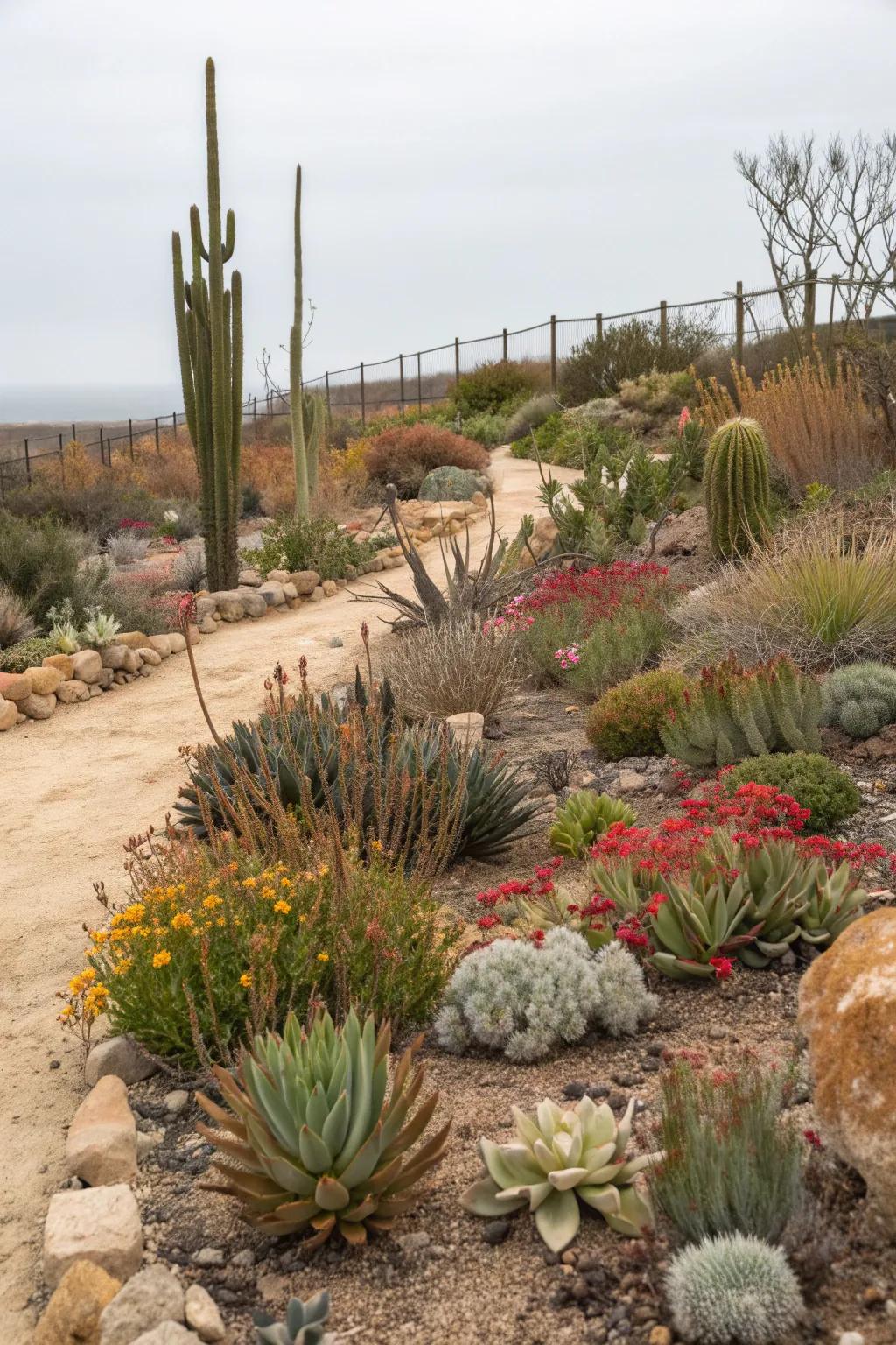 Water-wise planting with drought-tolerant flowers.