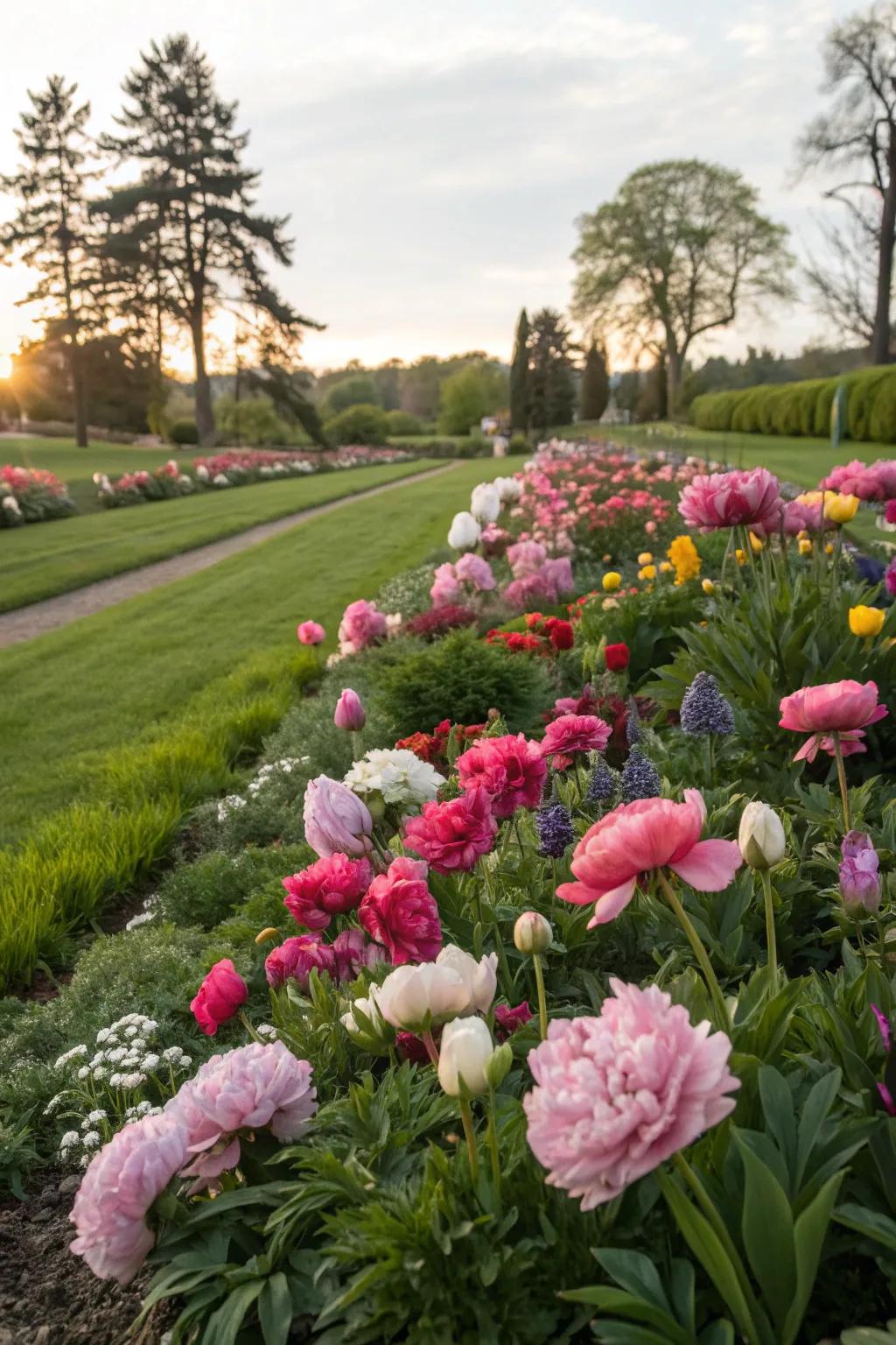 Prolonged garden blooms with peonies and seasonal bulbs.