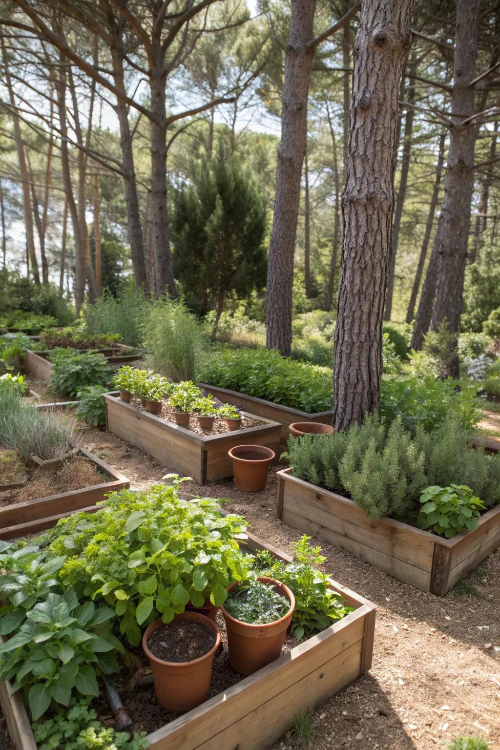 An herb garden adds practicality to a pine landscape.
