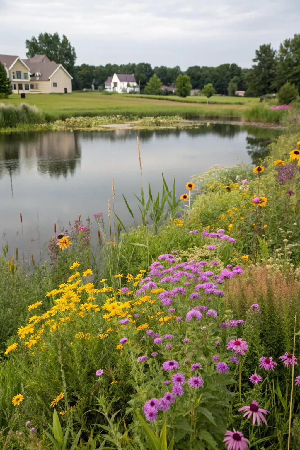 A wildflower meadow adds color and life to a large pond area.