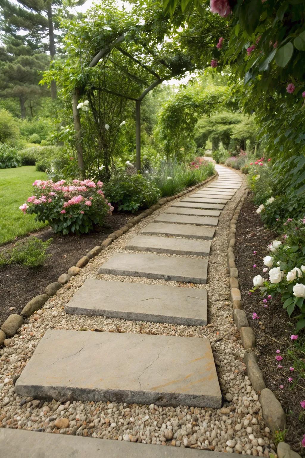 Pebble borders provide a neat and organized look to the path.